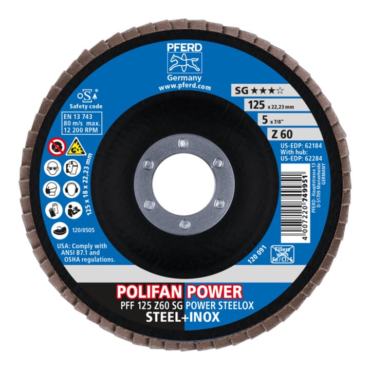 PFERD TOOLS POLIFAN POWER Fächerscheibe PFF 125x22,23 mm flach Z60 Leistungslinie SG POWER STEELOX Stahl/Edelstahl