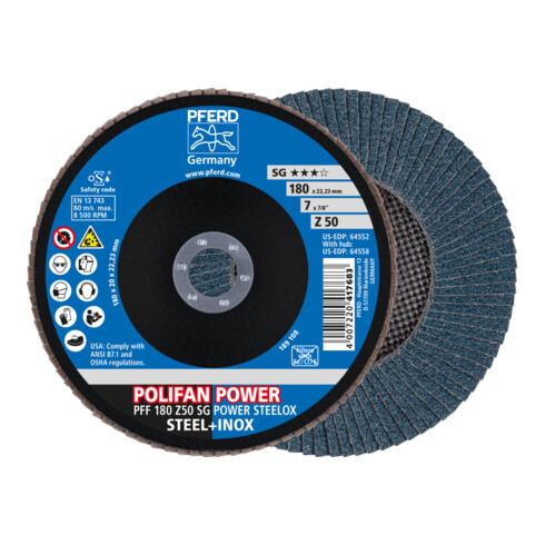 PFERD TOOLS POLIFAN POWER Fächerscheibe PFF 180x22,23 mm flach Z50 Leistungslinie SG STEELOX für Stahl/Edelstahl