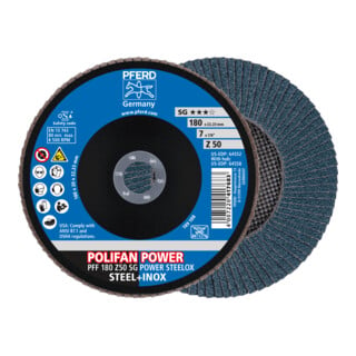 PFERD TOOLS POLIFAN POWER Fächerscheibe PFF 180x22,23 mm flach Z50 Leistungslinie SG STEELOX für Stahl/Edelstahl