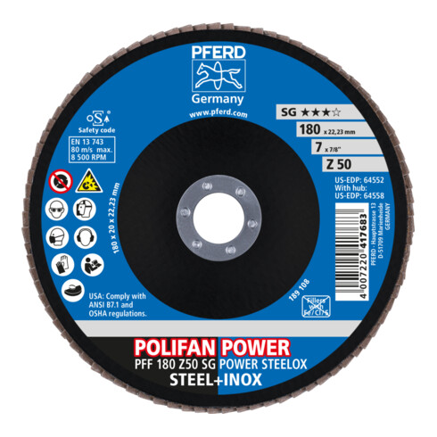 PFERD TOOLS POLIFAN POWER Fächerscheibe PFF 180x22,23 mm flach Z50 Leistungslinie SG STEELOX für Stahl/Edelstahl