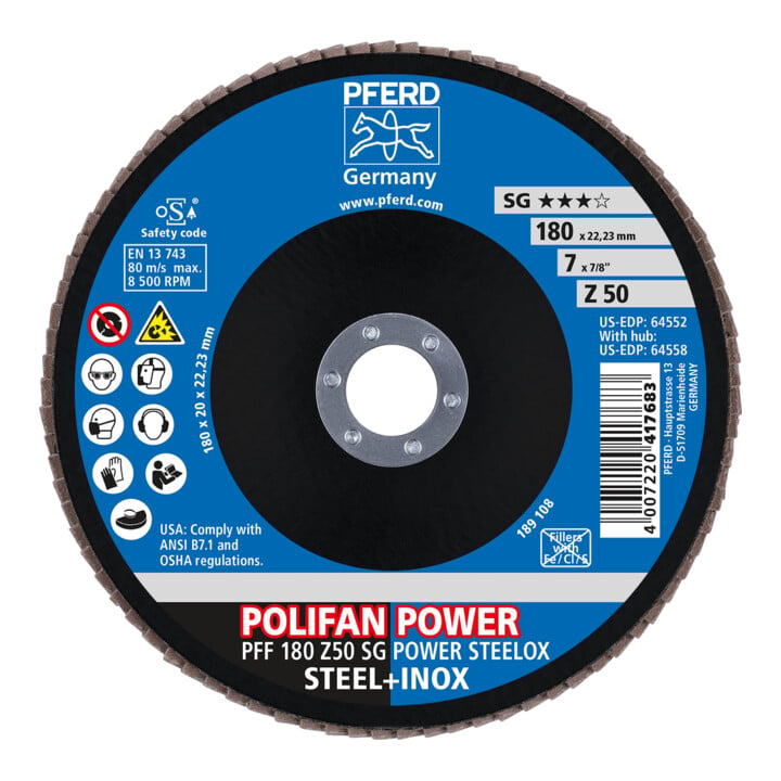 PFERD TOOLS POLIFAN POWER Fächerscheibe PFF 180x22,23 mm flach Z50 Leistungslinie SG STEELOX für Stahl/Edelstahl