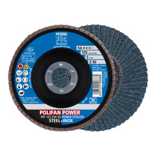 PFERD TOOLS POLIFAN POWER Fächerscheibe PFF125x22,23 mm flach Z50 Leistungslinie SG STEELOX für Stahl/Edelstahl