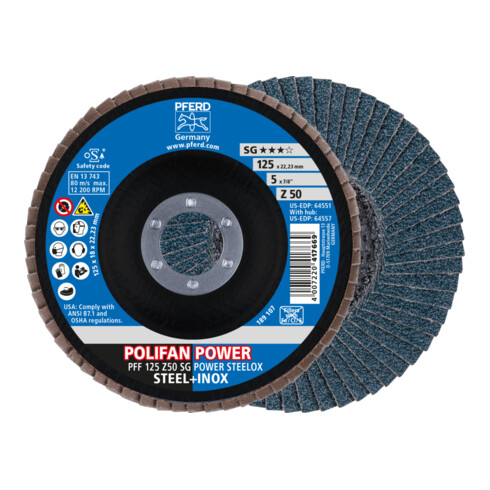 PFERD TOOLS POLIFAN POWER Fächerscheibe PFF125x22,23 mm flach Z50 Leistungslinie SG STEELOX für Stahl/Edelstahl