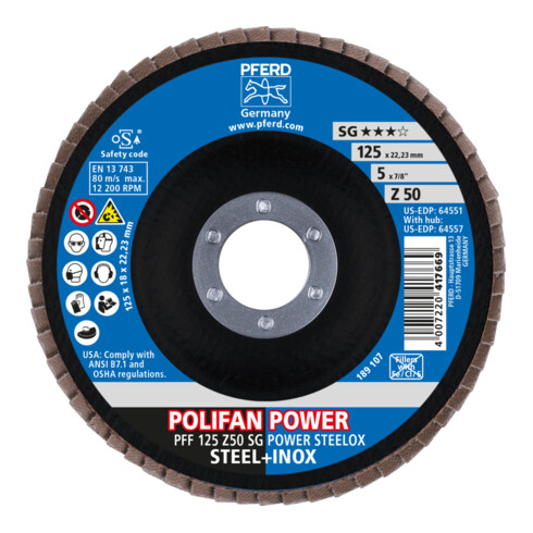 PFERD TOOLS POLIFAN POWER Fächerscheibe PFF125x22,23 mm flach Z50 Leistungslinie SG STEELOX für Stahl/Edelstahl
