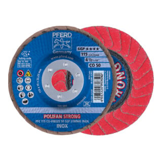 PFERD TOOLS POLIFAN STRONG Fächerscheibe PFC 115x22,23 mm konisch CO-FREEZE 50 SGP INOX für Edelstahl