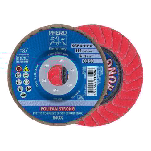 PFERD TOOLS POLIFAN STRONG Fächerscheibe PFC 115x22,23 mm konisch CO-FREEZE 50 SGP INOX für Edelstahl