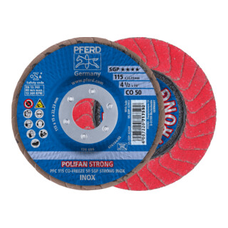 PFERD TOOLS POLIFAN STRONG Fächerscheibe PFC 115x22,23 mm konisch CO-FREEZE 50 SGP INOX für Edelstahl