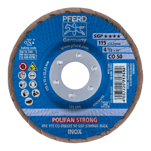 PFERD TOOLS POLIFAN STRONG Fächerscheibe PFC 115x22,23 mm konisch CO-FREEZE 50 SGP INOX für Edelstahl