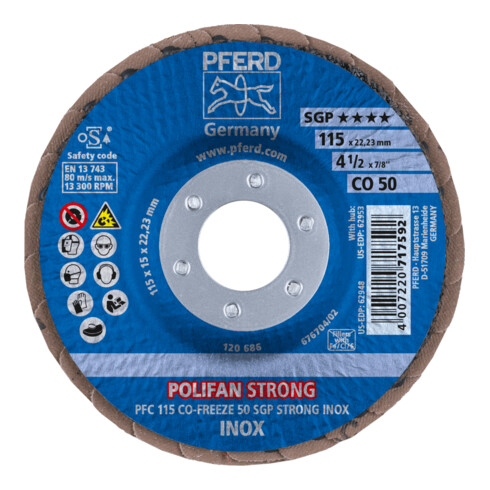 PFERD TOOLS POLIFAN STRONG Fächerscheibe PFC 115x22,23 mm konisch CO-FREEZE 50 SGP INOX für Edelstahl