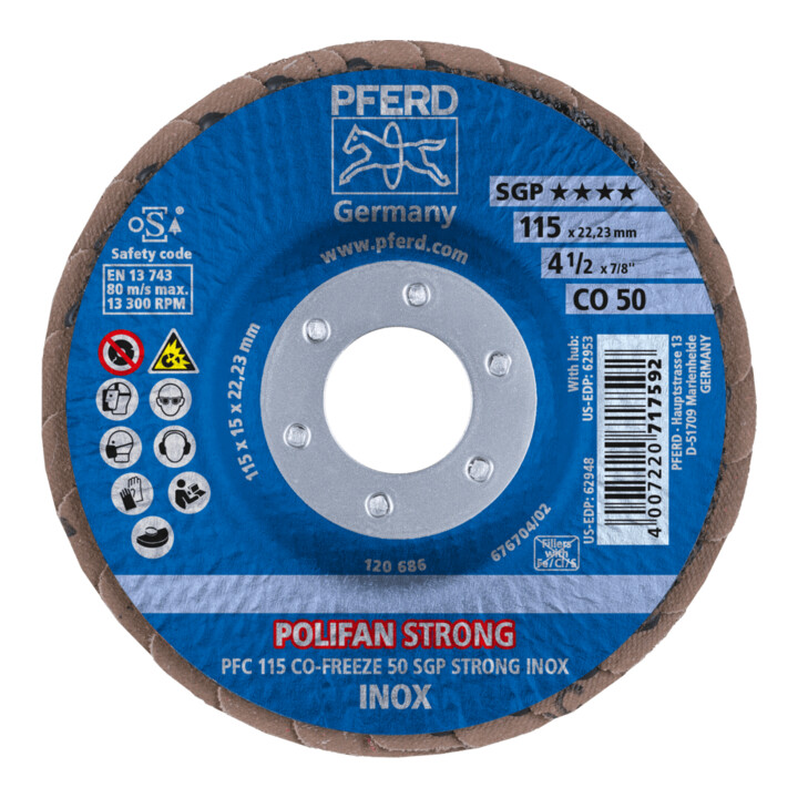 PFERD TOOLS POLIFAN STRONG Fächerscheibe PFC 115x22,23 mm konisch CO-FREEZE 50 SGP INOX für Edelstahl