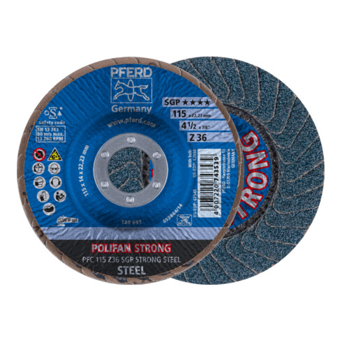 PFERD TOOLS POLIFAN STRONG Fächerscheibe PFC 115x22,23 mm konisch Z36 Speziallinie SGP STEEL für Stahl