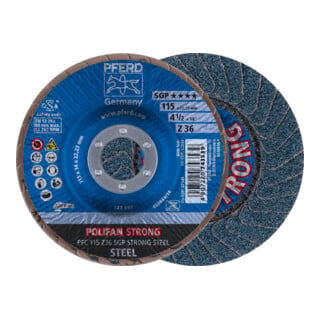 PFERD TOOLS POLIFAN STRONG Fächerscheibe PFC 115x22,23 mm konisch Z36 Speziallinie SGP STEEL für Stahl