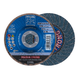 PFERD TOOLS POLIFAN STRONG Fächerscheibe PFC 115x22,23 mm konisch Z36 Speziallinie SGP STEEL für Stahl