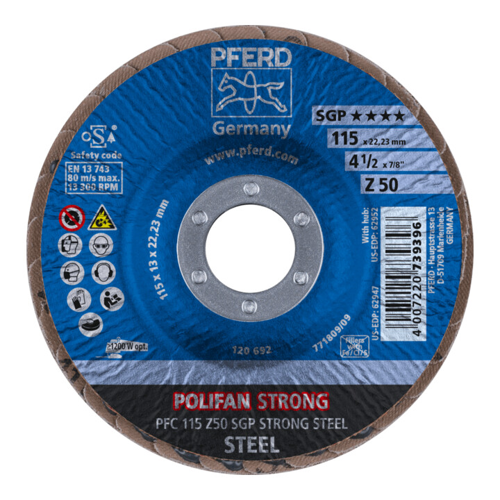PFERD TOOLS POLIFAN STRONG Fächerscheibe PFC 115x22,23 mm konisch Z50 Speziallinie SGP STEEL für Stahl