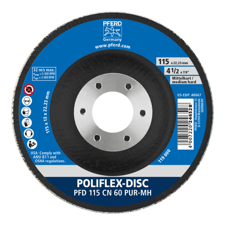 PFERD TOOLS Poliflex Disc PFD Ø 115x14 mm Bohrung-Ø 22,23 mm Bindung PUR Mittelhart SIC60