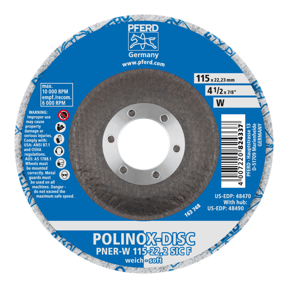 PFERD TOOLS POLINOX verpresste Vlies-Disc PNER Ø 115 mm Bohrung-Ø 22,23 mm Weich SIC Fein für Finish