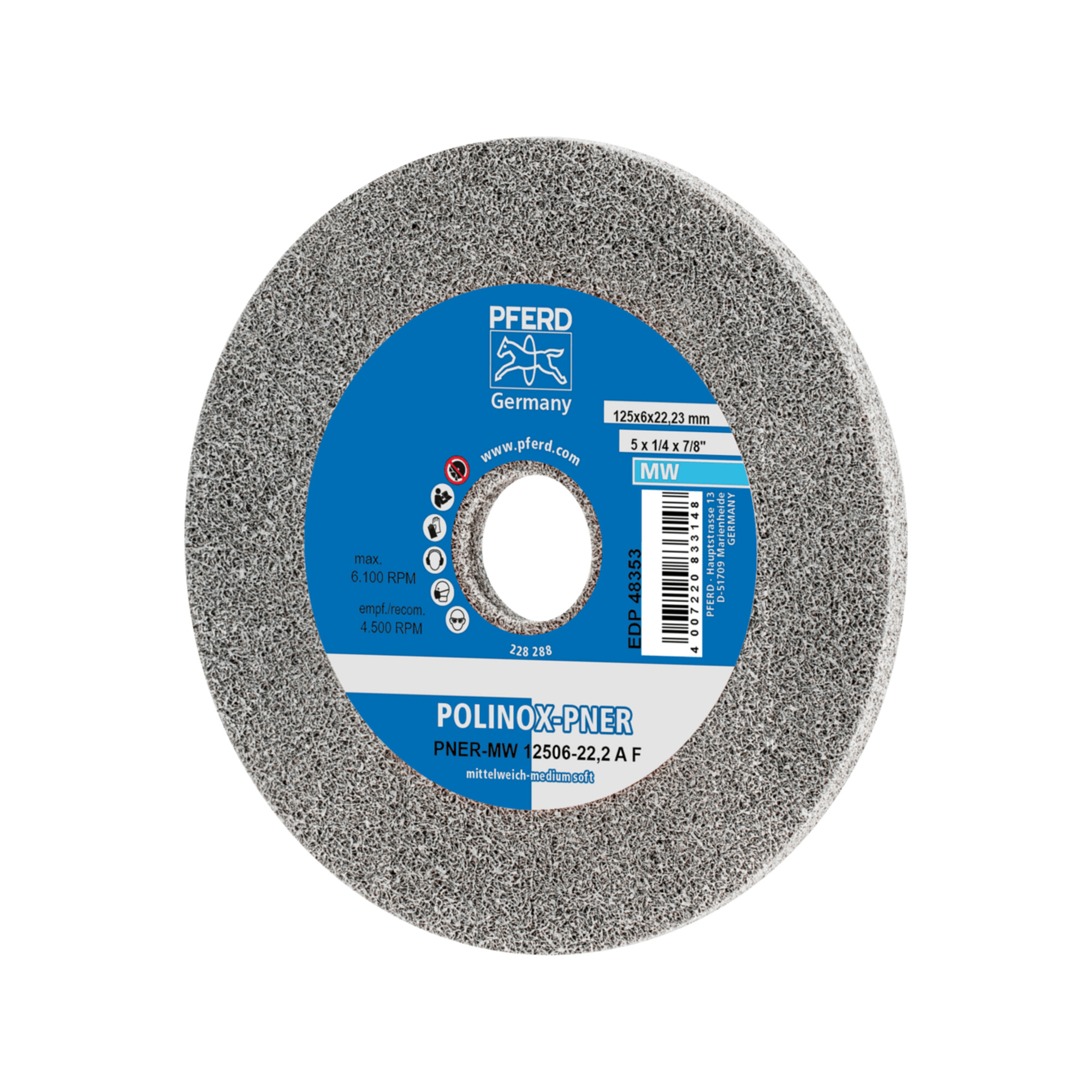 PFERD TOOLS POLINOX verpresstes Vlies-Rad PNER Ø 125x6 mm Bohrung-Ø 22,23 mm Mittelweich A Fein für Finish