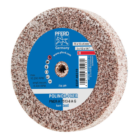PFERD TOOLS POLINOX verpresstes Vlies-Rad PNER Ø 75x13 mm Bohrung-Ø 6 mm Hart A Grob für Finish
