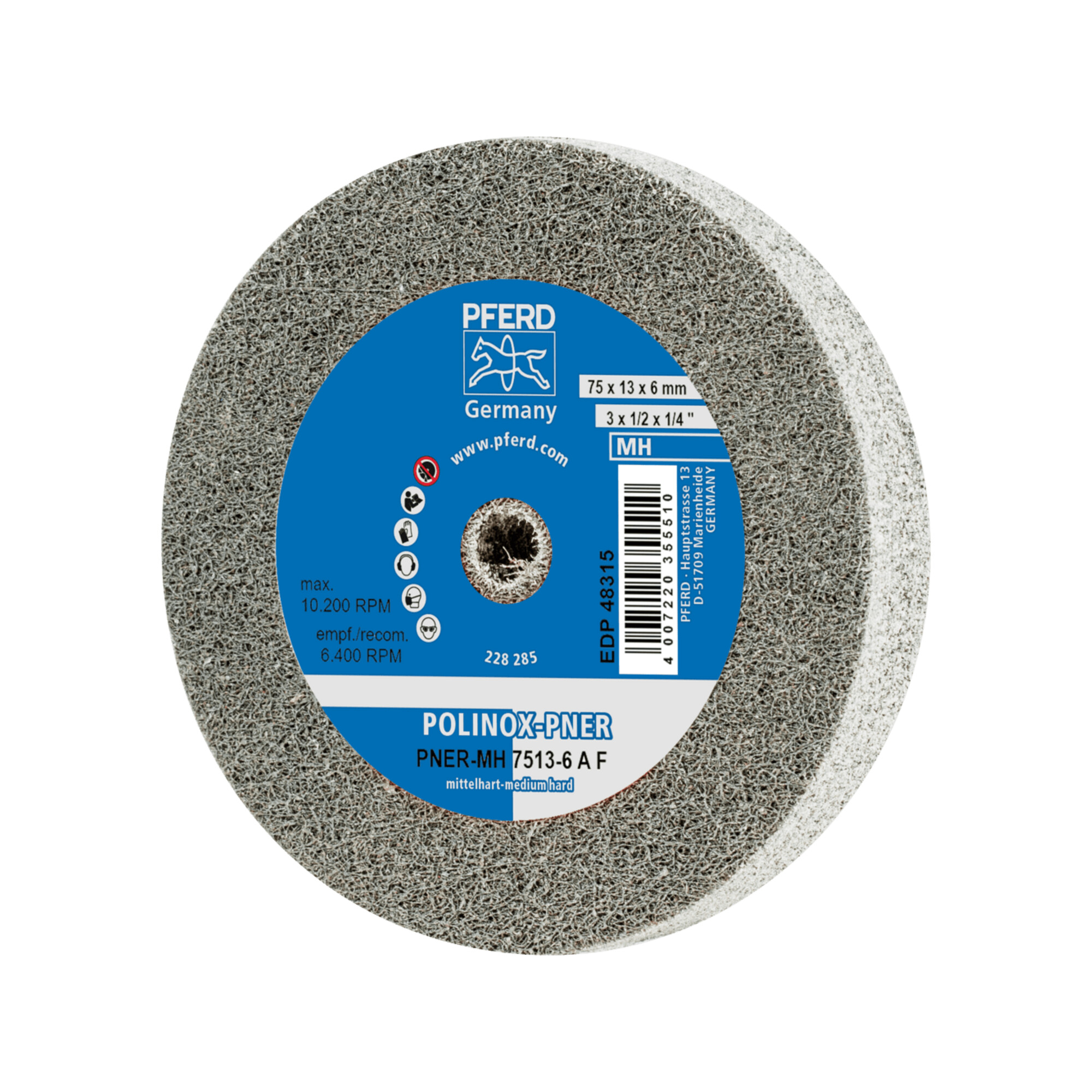 PFERD TOOLS POLINOX verpresstes Vlies-Rad PNER Ø 75x13 mm Bohrung-Ø 6 mm Mittelhart A Fein für Finish
