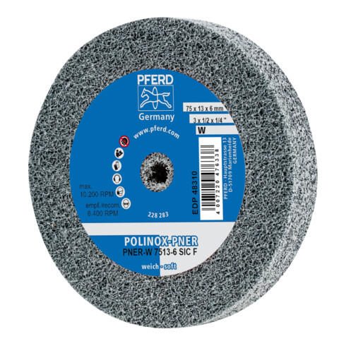PFERD TOOLS POLINOX verpresstes Vlies-Rad PNER Ø 75x13 mm Bohrung-Ø 6 mm Weich SIC Fein für Finish