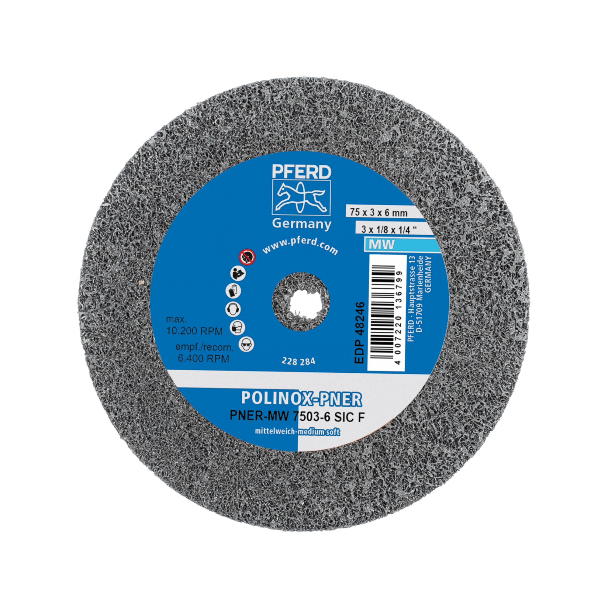 PFERD TOOLS POLINOX verpresstes Vlies-Rad PNER Ø 75x3 mm Bohrung-Ø 6 mm Mittelweich SIC Fein für Finish