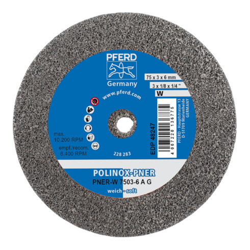 PFERD TOOLS POLINOX verpresstes Vlies-Rad PNER Ø 75x3 mm Bohrung-Ø 6 mm Weich A Grob für Finish
