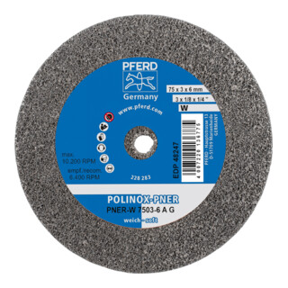 PFERD TOOLS POLINOX verpresstes Vlies-Rad PNER Ø 75x3 mm Bohrung-Ø 6 mm Weich A Grob für Finish