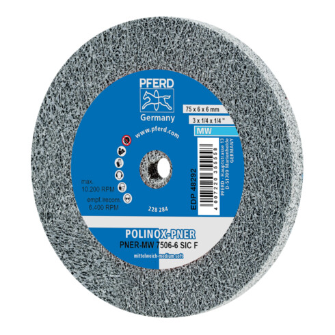 PFERD TOOLS POLINOX verpresstes Vlies-Rad PNER Ø 75X6 mm Bohrung-Ø 6 mm Mittelweich SIC Fein für Finish