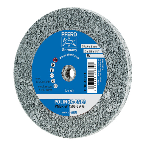 PFERD TOOLS POLINOX verpresstes Vlies-Rad PNER Ø 75X6 mm Bohrung-Ø 6 mm Weich A Grob für Finish