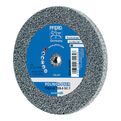 PFERD TOOLS POLINOX verpresstes Vlies-Rad PNER Ø 75X6 mm Bohrung-Ø 6 mm Weich SIC Fein für Finish