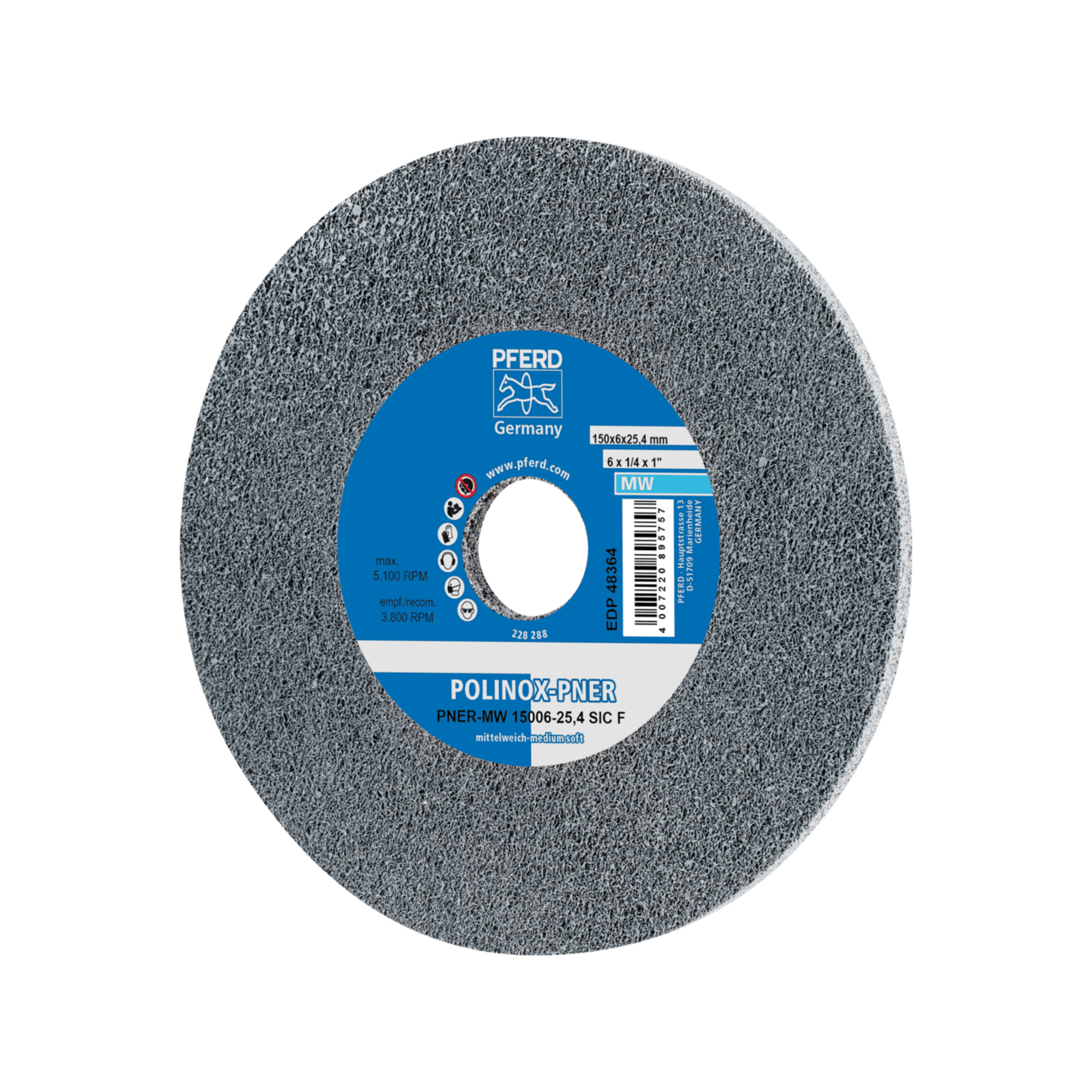PFERD TOOLS POLINOX verpresstes Vlies-Rad PNER Ø 150x6 mm Bohrung-Ø 25,4 mm Mittelweich SIC Fein für Finish