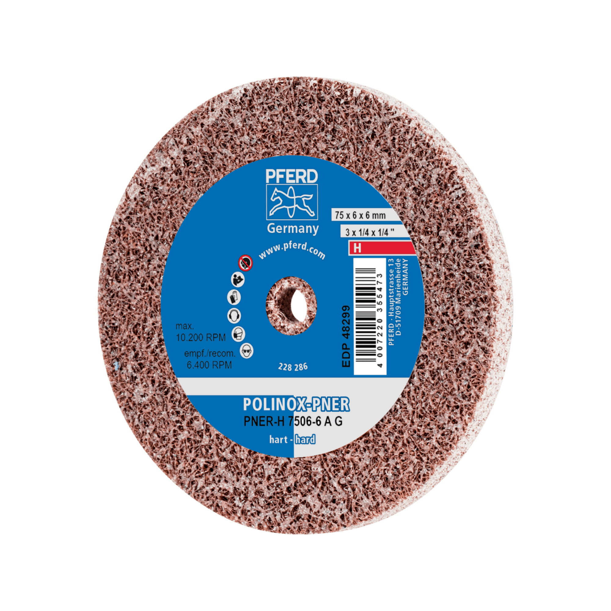 PFERD TOOLS POLINOX verpresstes Vlies-Rad PNER Ø 75X6 mm Bohrung-Ø 6 mm Hart A Grob für Finish