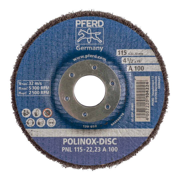 PFERD TOOLS POLINOX Vlies-Schleifdisc PNL Ø 115 mm Bohrung-Ø 22,23 mm A100 für Feinschliff und Finish