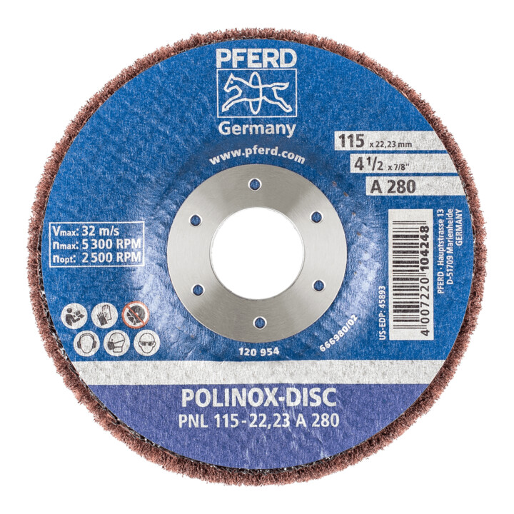 PFERD TOOLS POLINOX Vlies-Schleifdisc PNL Ø 115 mm Bohrung-Ø 22,23 mm A280 für Feinschliff und Finish