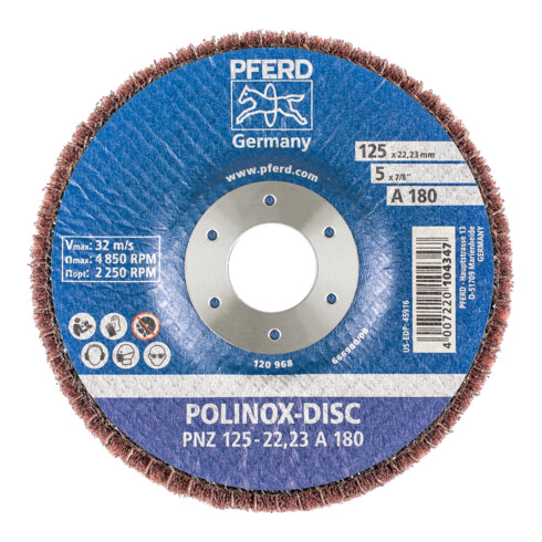 PFERD TOOLS POLINOX Vlies-Schleifdisc PNZ Ø 125 mm Bohrung-Ø 22,23 mm A180 für Feinschliff und Finish