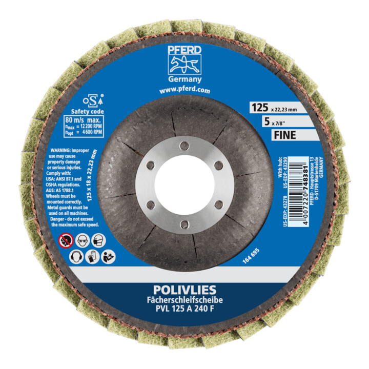 PFERD TOOLS POLIVLIES-Fächerscheibe PVL Korund Ø 125 mm Bohrung 22,23 mm A240F für Feinschliff