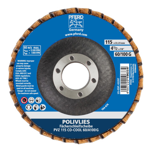 PFERD TOOLS POLIVLIES-Fächerscheibe PVZ Keramik Ø 115 mm Bohrung 22,23 mm CO-COOL60/A100 G für Feinschliff