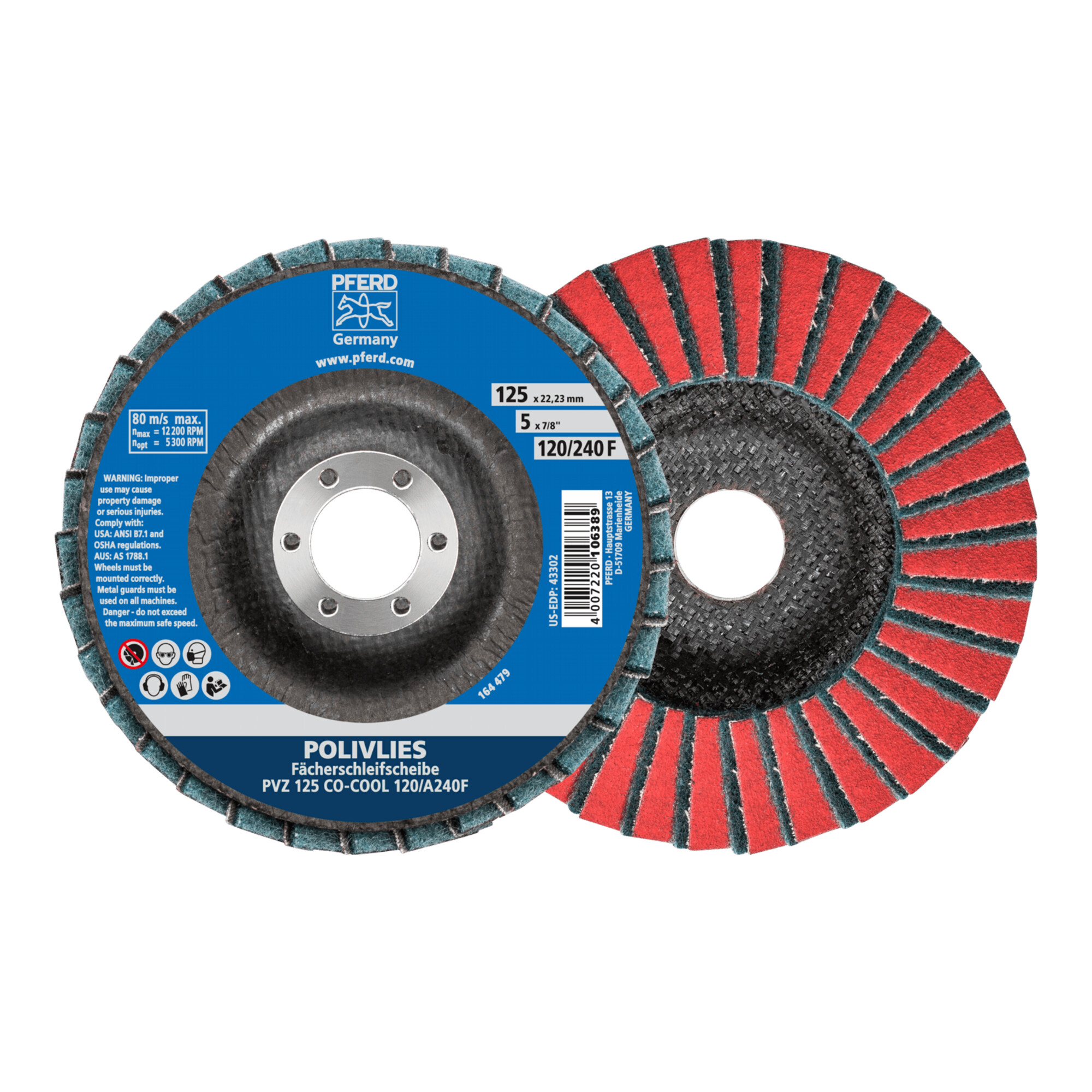 PFERD TOOLS POLIVLIES-Fächerscheibe PVZ Keramik Ø 125 mm Bohrung 22,23 mm CO-COOL120/A240F für Feinschliff