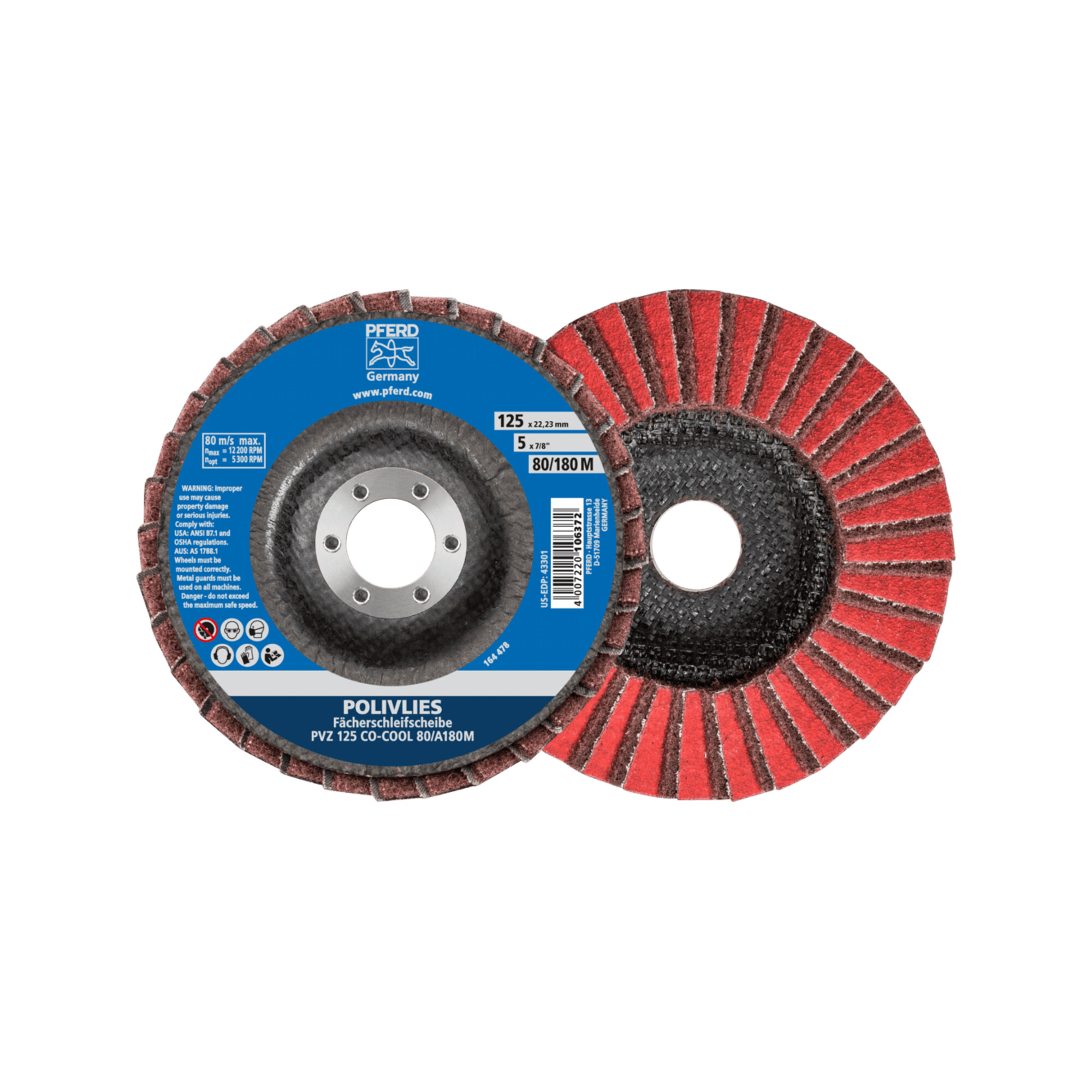 PFERD TOOLS POLIVLIES-Fächerscheibe PVZ Keramik Ø 125 mm Bohrung 22,23 mm CO-COOL80/A180M für Feinschliff