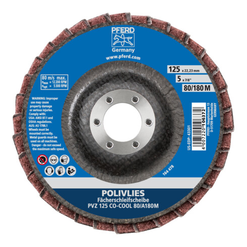 PFERD TOOLS POLIVLIES-Fächerscheibe PVZ Keramik Ø 125 mm Bohrung 22,23 mm CO-COOL80/A180M für Feinschliff