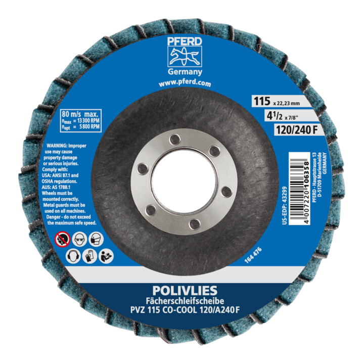 PFERD TOOLS POLIVLIES-Fächerscheibe PVZ Keramik Ø 115 mm Bohrung 22,23 mm CO-COOL120/A240F für Feinschliff