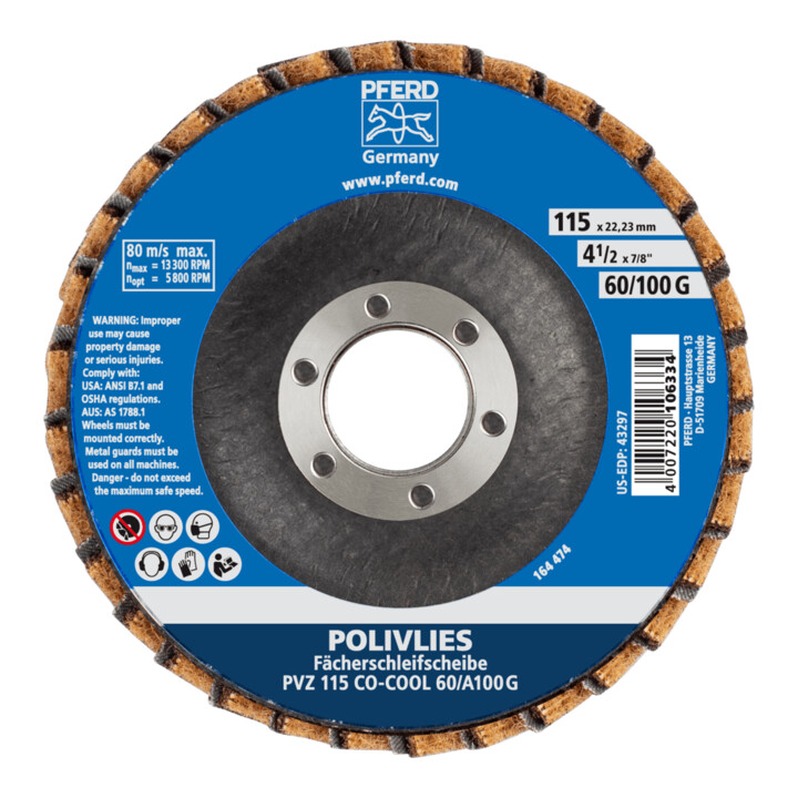 PFERD TOOLS POLIVLIES-Fächerscheibe PVZ Keramik Ø 115 mm Bohrung 22,23 mm CO-COOL60/A100 G für Feinschliff