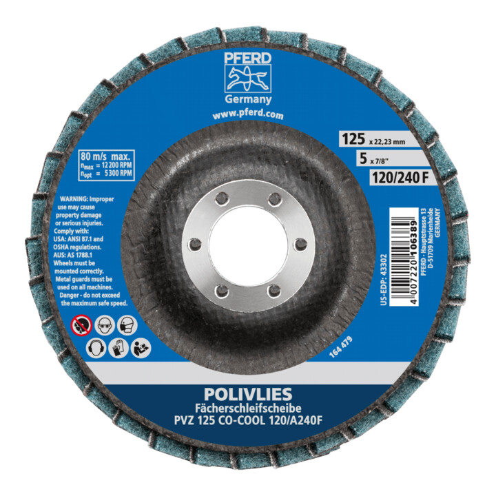 PFERD TOOLS POLIVLIES-Fächerscheibe PVZ Keramik Ø 125 mm Bohrung 22,23 mm CO-COOL120/A240F für Feinschliff
