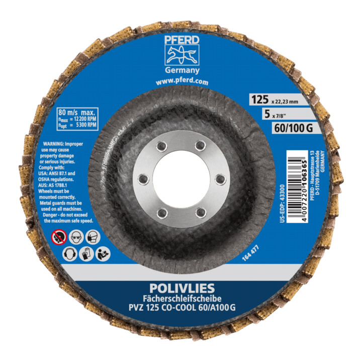 PFERD TOOLS POLIVLIES-Fächerscheibe PVZ Keramik Ø 125 mm Bohrung 22,23 mm CO-COOL60/A100 G für Feinschliff