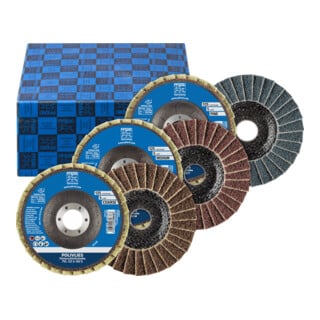 PFERD TOOLS POLIVLIES-Fächerscheiben-Set PVL 3-tlg. Korund Ø 125 mm Bohrung Ø 22,23 mm A100,180,280