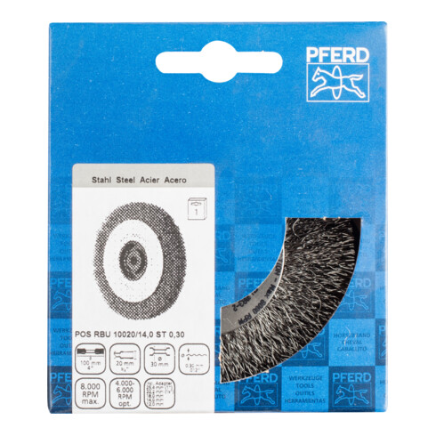 PFERD TOOLS POS Rundbürste breit ungezopft RBU Ø100x20xvariable Bohrung Stahl-Draht-Ø0,30 Schleifbock