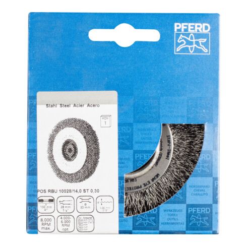 PFERD TOOLS POS Rundbürste breit ungezopft RBU Ø100x28xvariable Bohrung Stahl-Draht-Ø0,30 Schleifbock