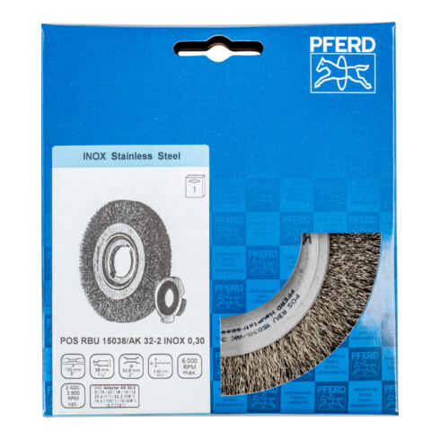 PFERD TOOLS POS Rundbürste breit ungezopft RBU Ø150x38xvariable Bohrung Edelstahl-Draht-Ø0,30 Schleifbock