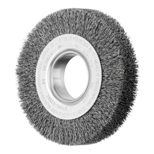 PFERD TOOLS POS Rundbürste breit ungezopft RBU Ø150x38xvariable Bohrung Stahl-Draht-Ø0,30 Schleifbock