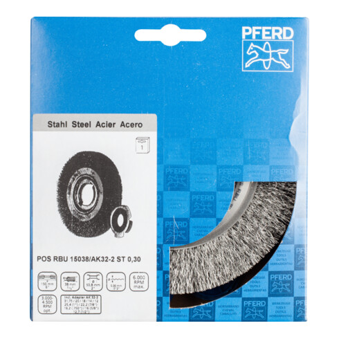 PFERD TOOLS POS Rundbürste breit ungezopft RBU Ø150x38xvariable Bohrung Stahl-Draht-Ø0,30 Schleifbock